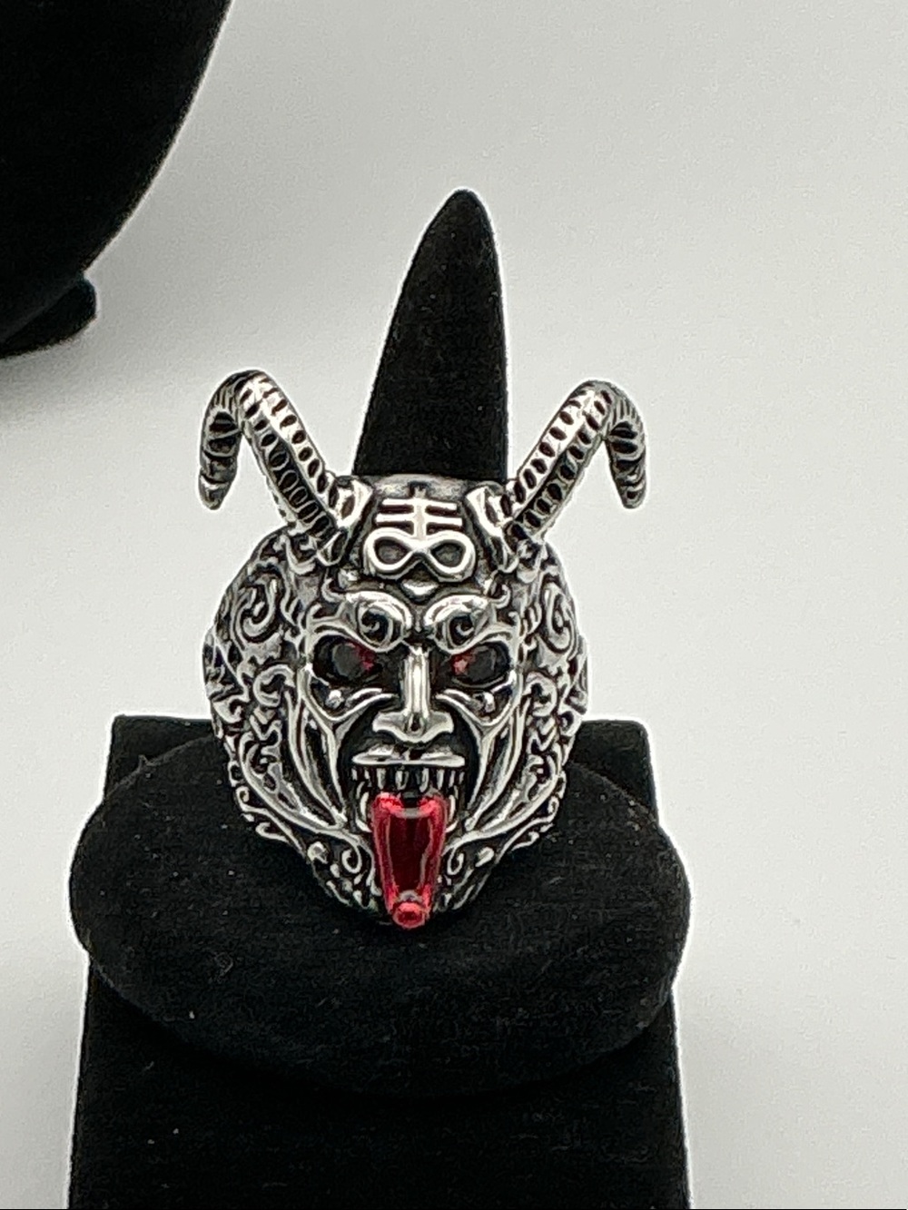 Men's Stainless Steel Skull Statement Ring with Red Accents